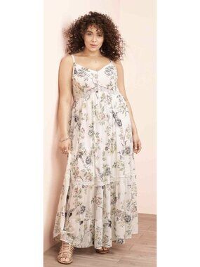 TORRID Floral Crane Print Chiffon Maxi Dress White Lace Trim Cottagecore Boho 2X